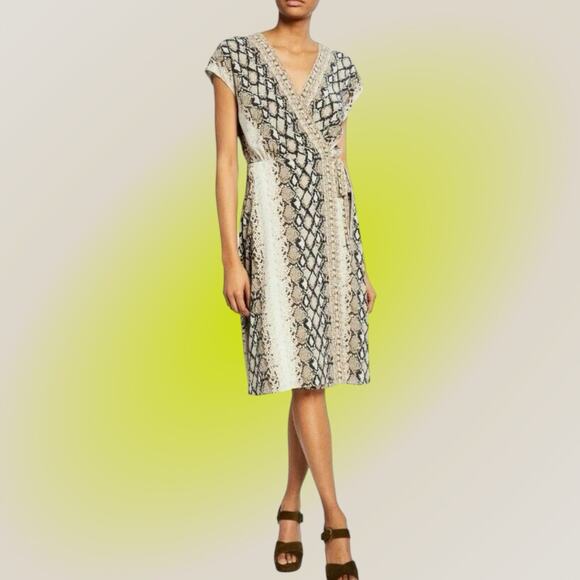 Joie True Wrap Dress Snake Python Tan Beige Bethwyn Midi Womens XL 12 - Picture 4 of 8